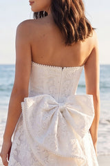 Strapless Floral A Line Mini White Dress with Pearls
