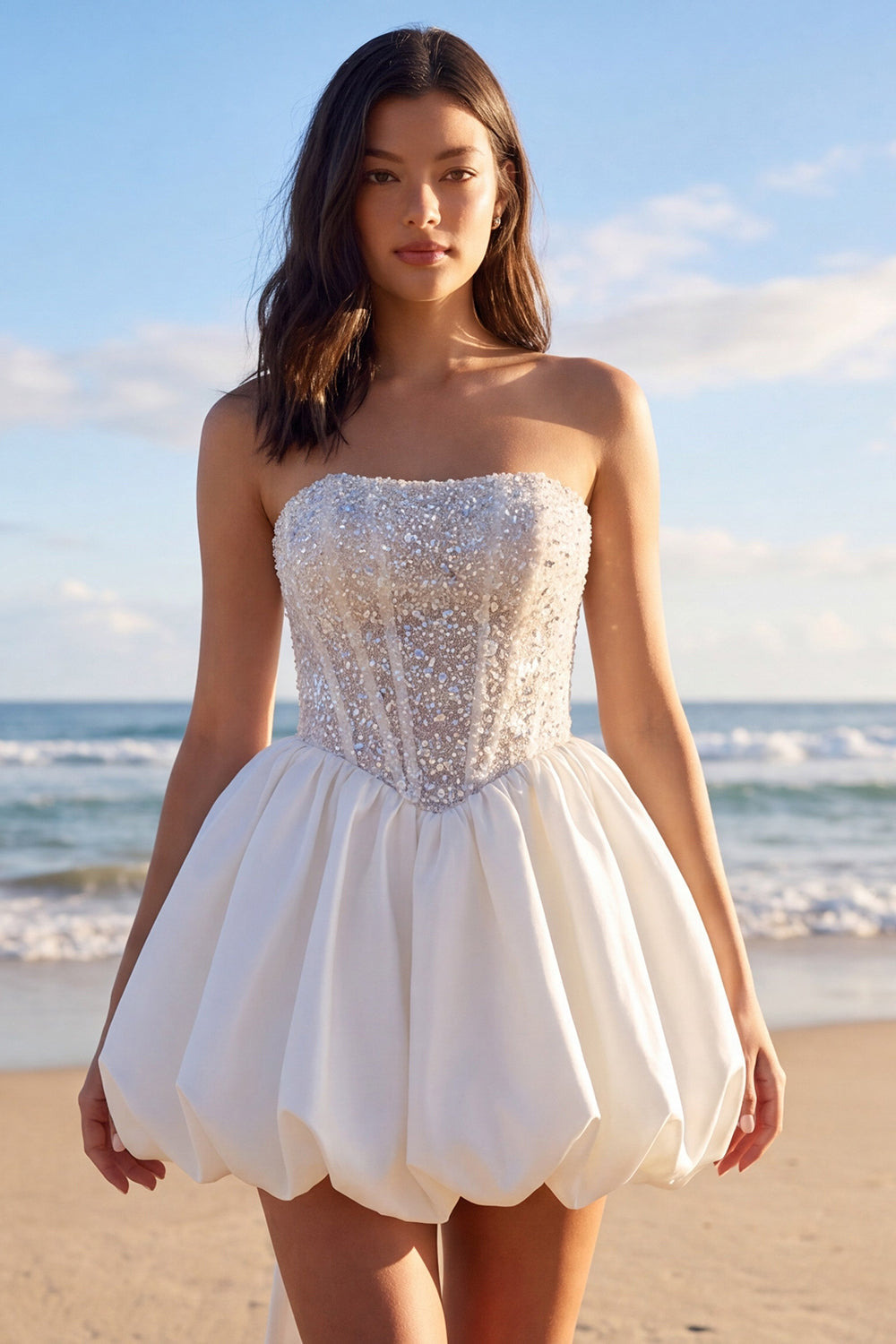 Strapless Corset Beaded A Line Mini White Dress with Rhinestones