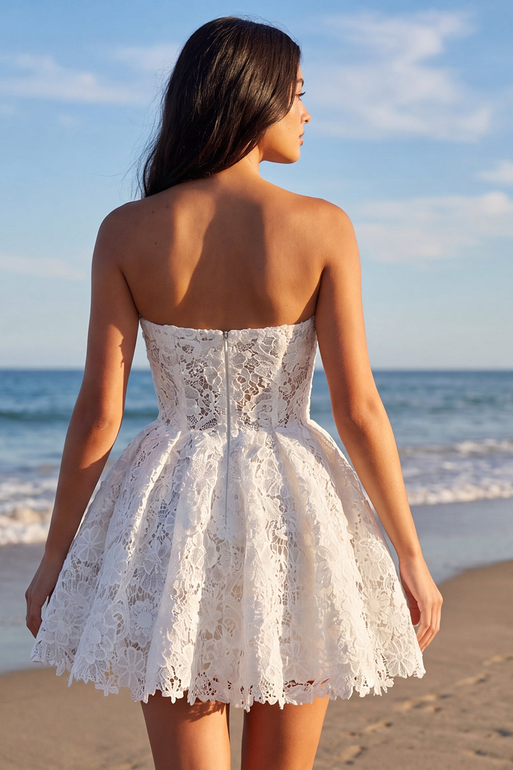 Strapless Lace Floral Corset A Line Mini White Dress