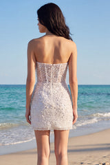 Sparkly Strapless Corset Ruched Bodycon White Dress