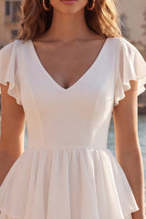 Tiered A Line Cut Out V Neck Mini White Dress with Bow
