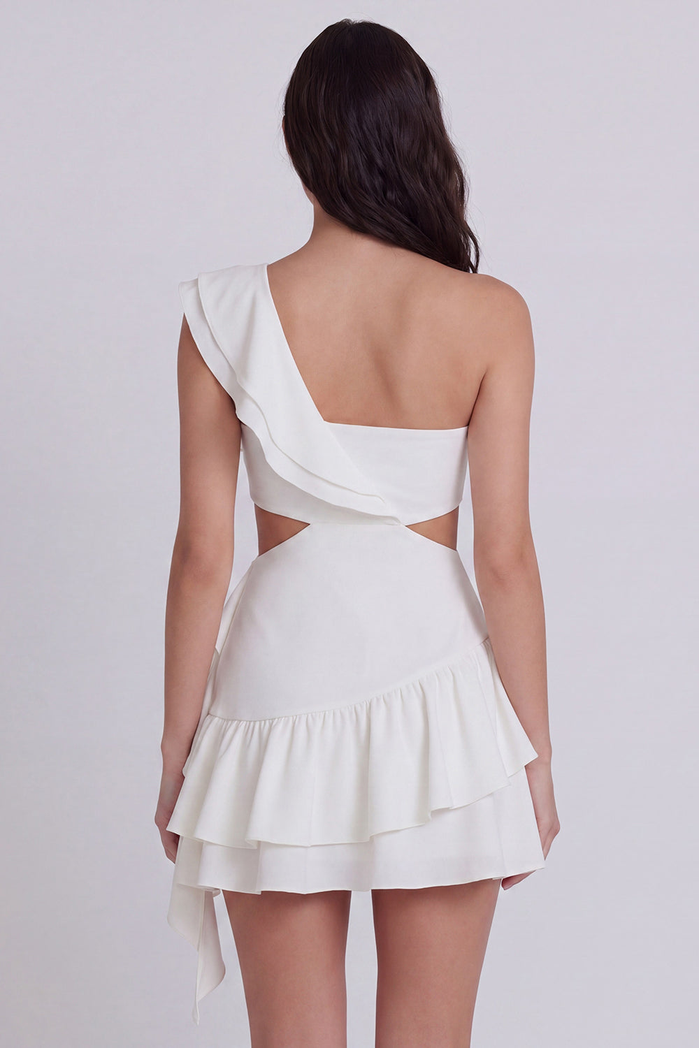 One Shoulder Cut Out Ruffled A Line Mini White Dress