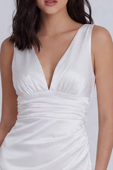 Satin Ruched Bodycon V Neck Mini White Dress