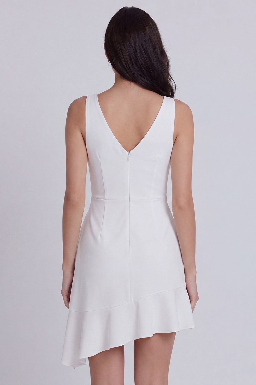 A Line V Neck Mini Ruched White Dress with Ruffles
