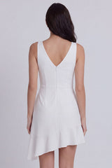 A Line V Neck Mini Ruched White Dress with Ruffles