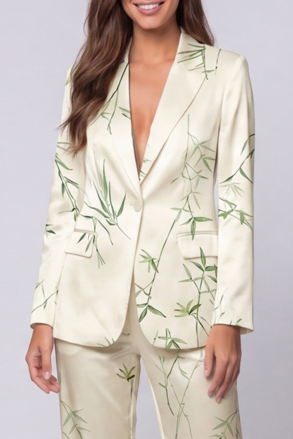 Notched Lapel Light Green 2 Piece Printed Women's Suits
