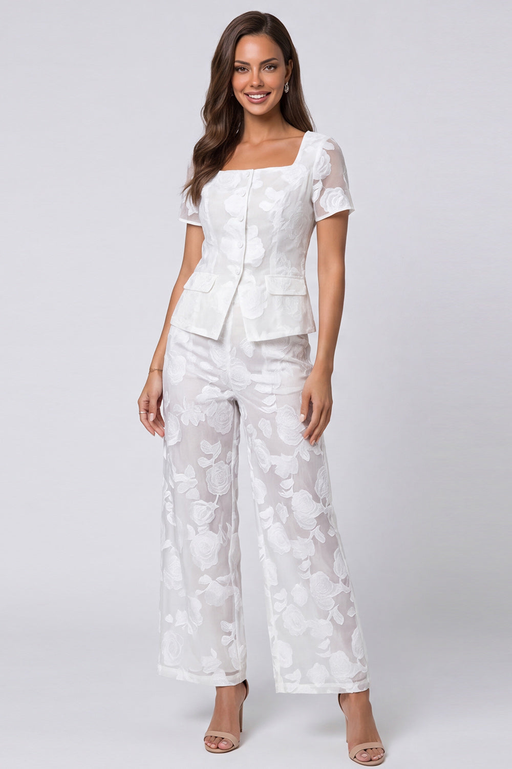 Floral Square Neck 2 Piece Ivory Women's Suits
