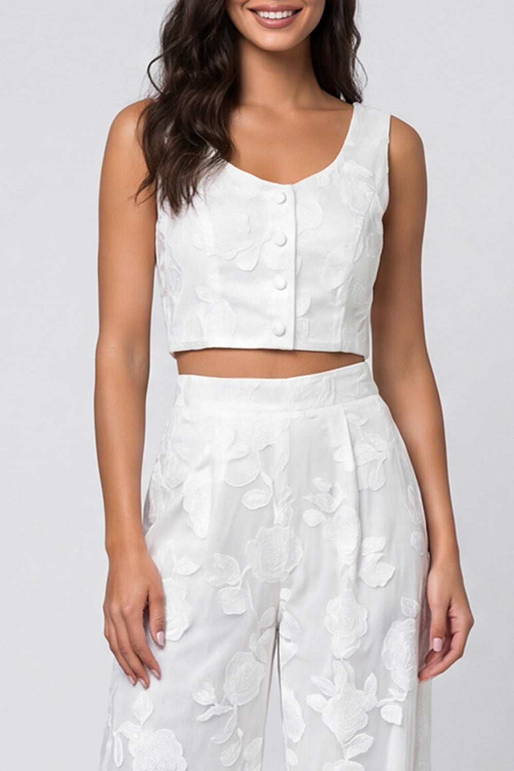 Floral Scoop Neck 2 Piece Ivory Women's Suits