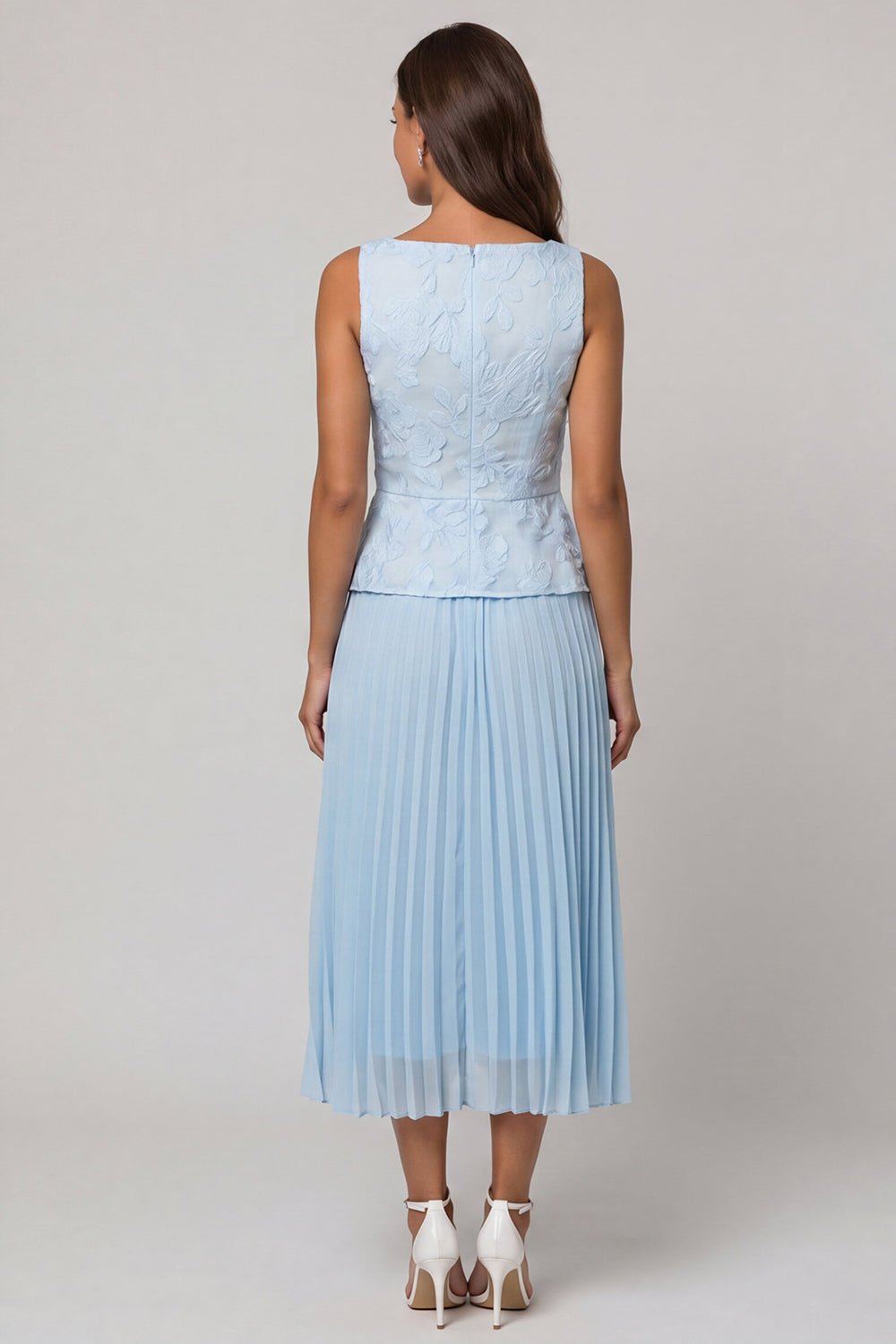 2 Piece Sky Blue Pleated A Line Ruffled Midi Work Dress