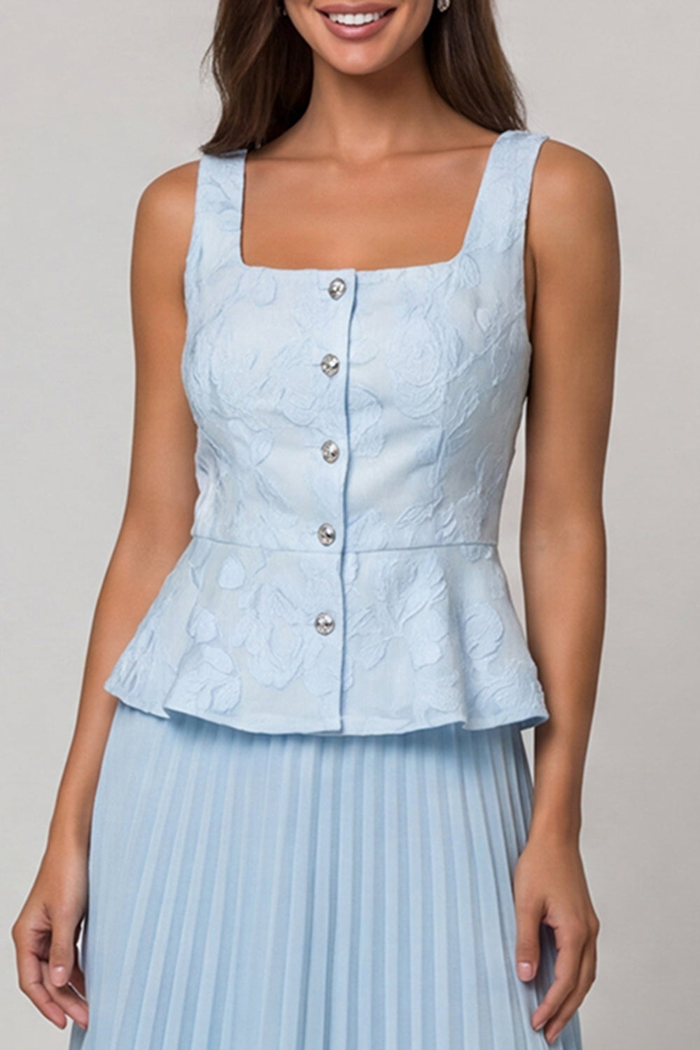 2 Piece Sky Blue Pleated A Line Ruffled Midi Work Dress