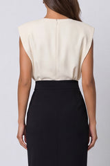 Colorblock Ivory and Black Bodycon Midi Work Dress with Slit
