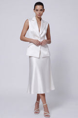 2 Piece Ivory Peaked Lapel Satin A Line Midi Work Dress