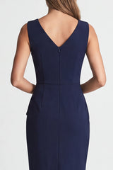 Ruched Bodycon Navy V Neck Midi Work Dress with Slit