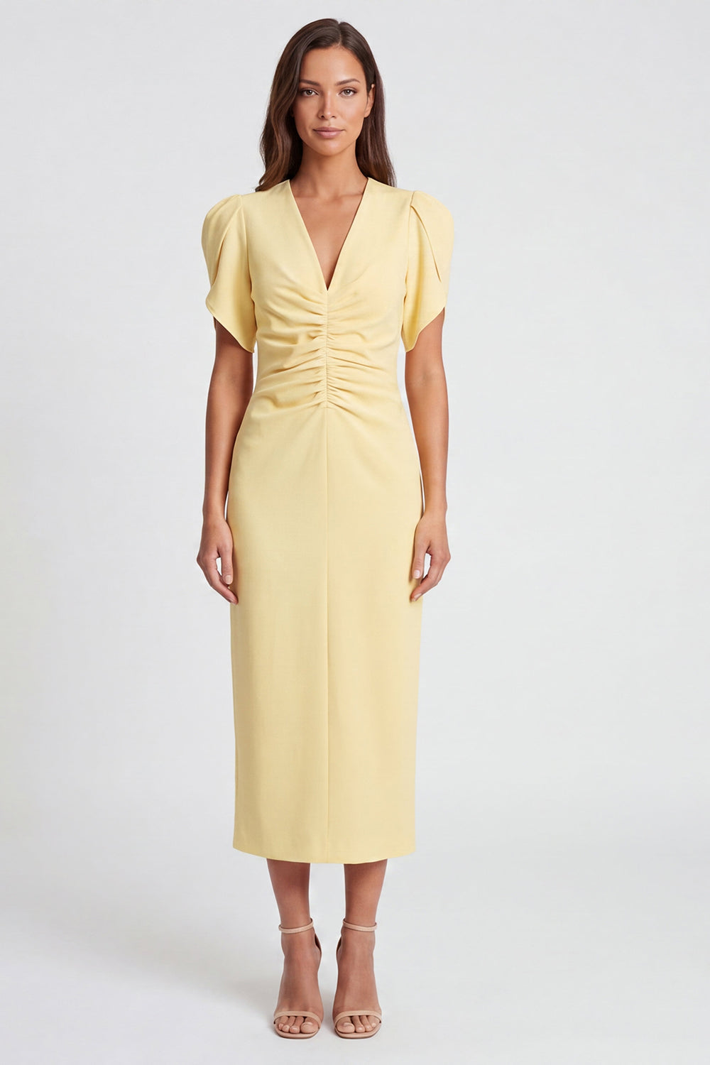 Light Yellow Ruched Bodycon Midi Work Dress with Short Sleeves