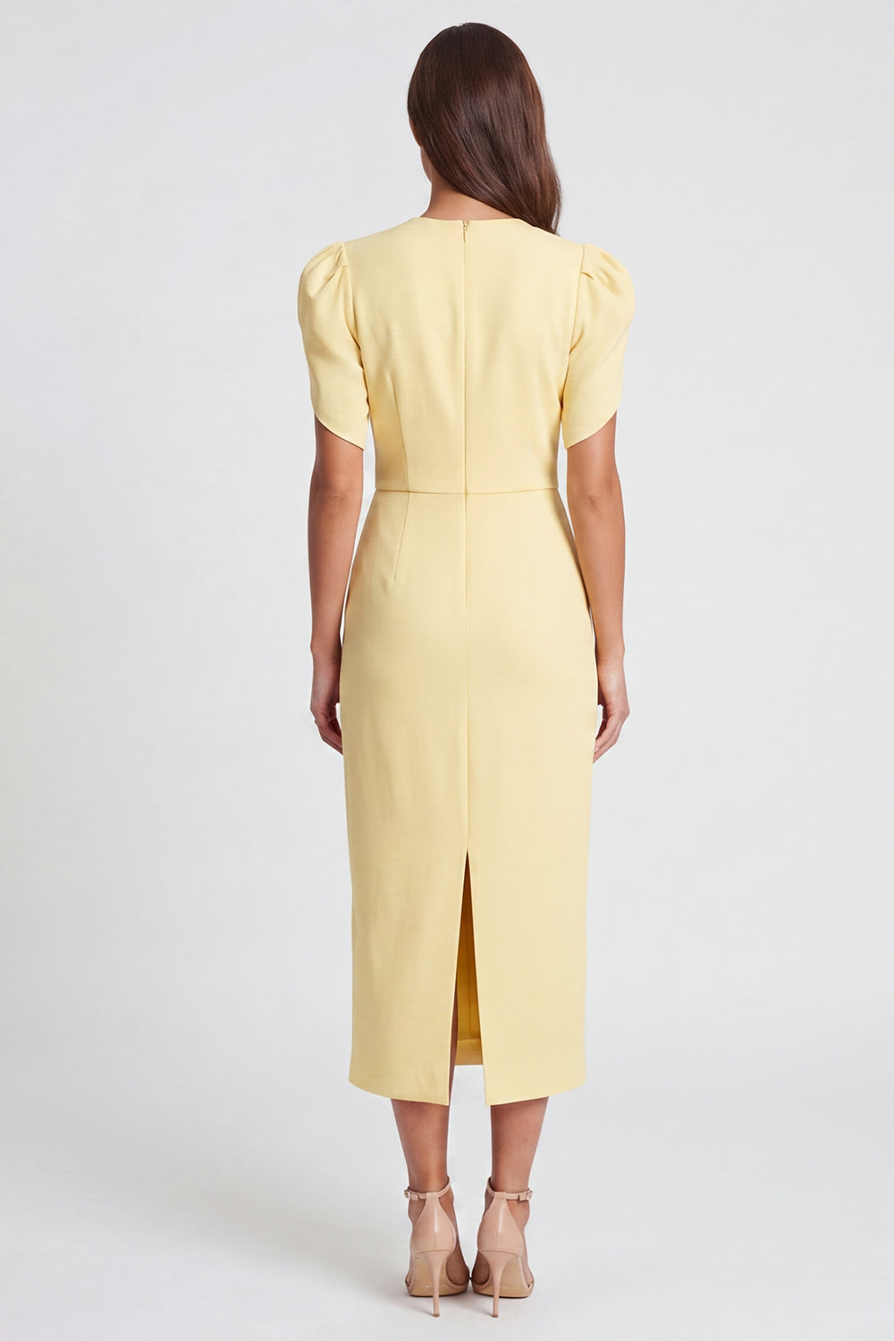 Light Yellow Ruched Bodycon Midi Work Dress with Short Sleeves