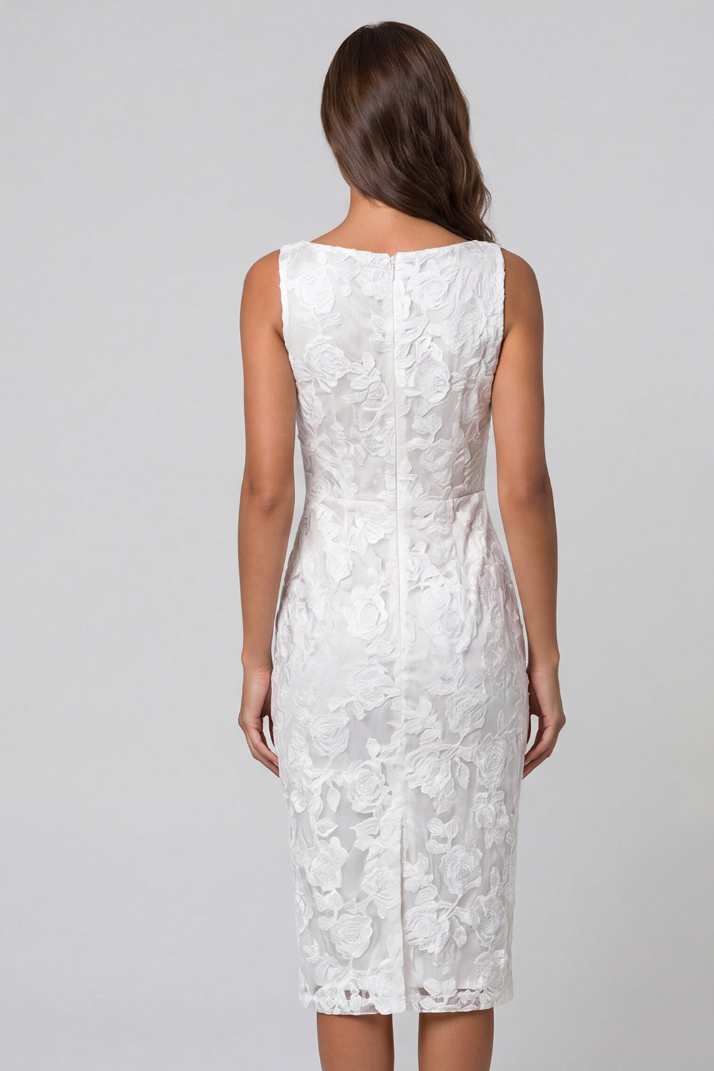 Bateau Neck Floral Ruched Ivory Bodycon Midi Work Dress