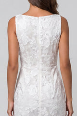 Bateau Neck Floral Ruched Ivory Bodycon Midi Work Dress