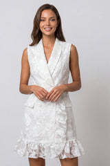 Shawl Lapel Ivory Floral Bodycon Mini Work Dress with Ruffles