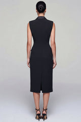 Peaked Lapel Black Bodycon Midi Work Dress with Slit