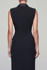 Peaked Lapel Black Bodycon Midi Work Dress with Slit