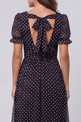 Black and White Polka Dot A Line Midi Work Dress with Short Sleeves