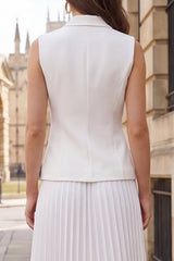 2 Piece Peaked Lapel Ivory A Line Pleated Midi Work Dress