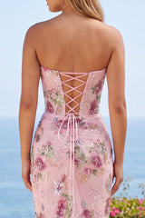 Strapless Floral Pink Sequin Corset Mini Homecoming Dress