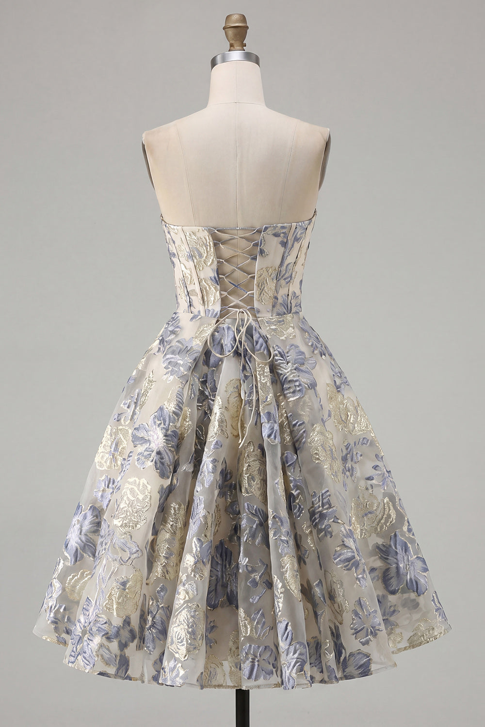 Strapless Floral Dusty Blue Corset A Line Mini Homecoming Dress