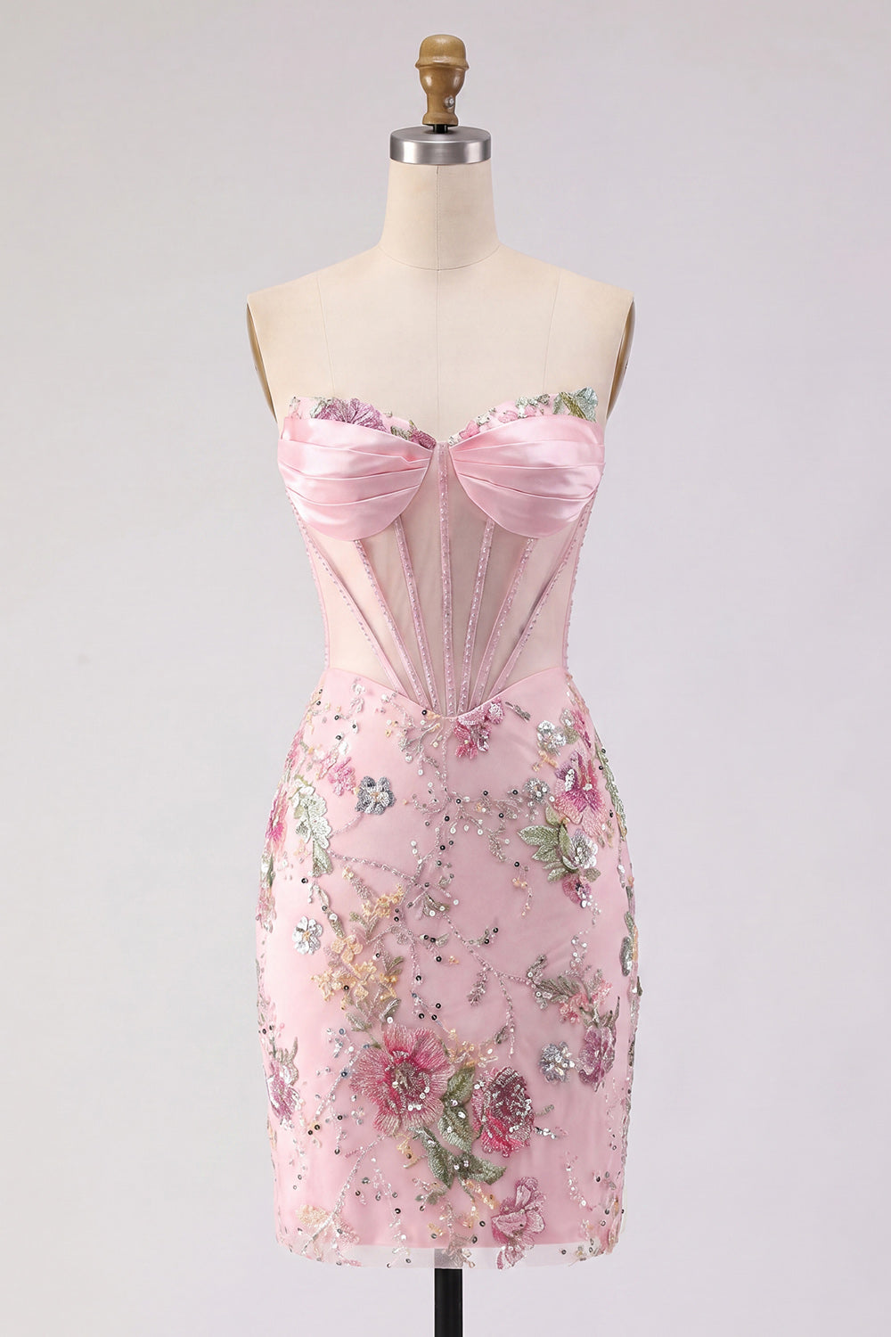 Strapless Corset Floral Pink Sequin Cut Out Homecoming Dress
