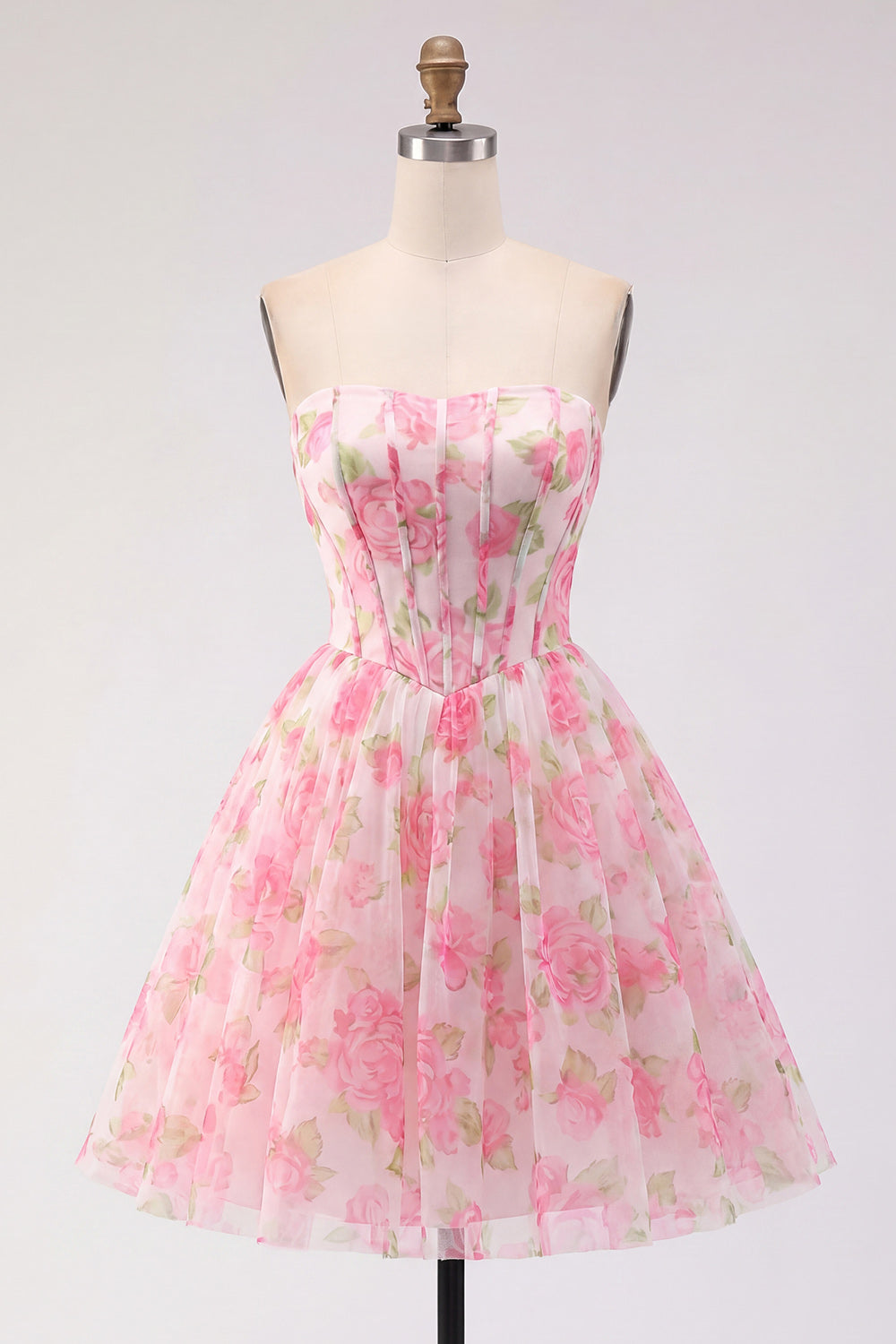 Floral Pink Strapless Corset A Line Homecoming Dress