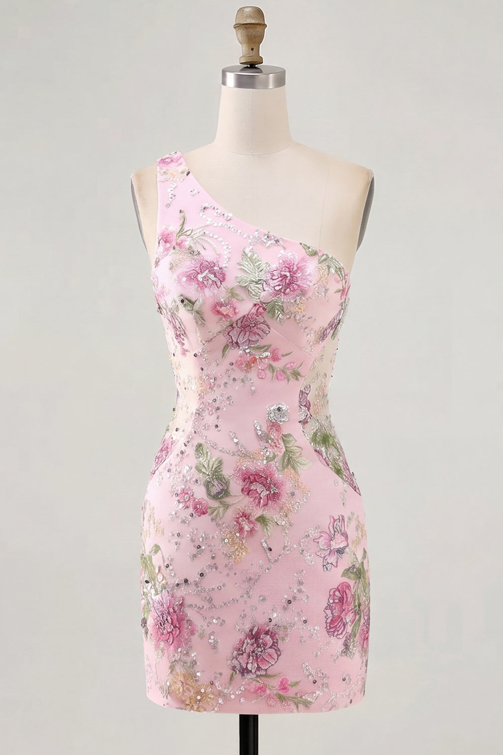 One Shoulder Sequin Floral Pink Bodycon Mini Homecoming Dress