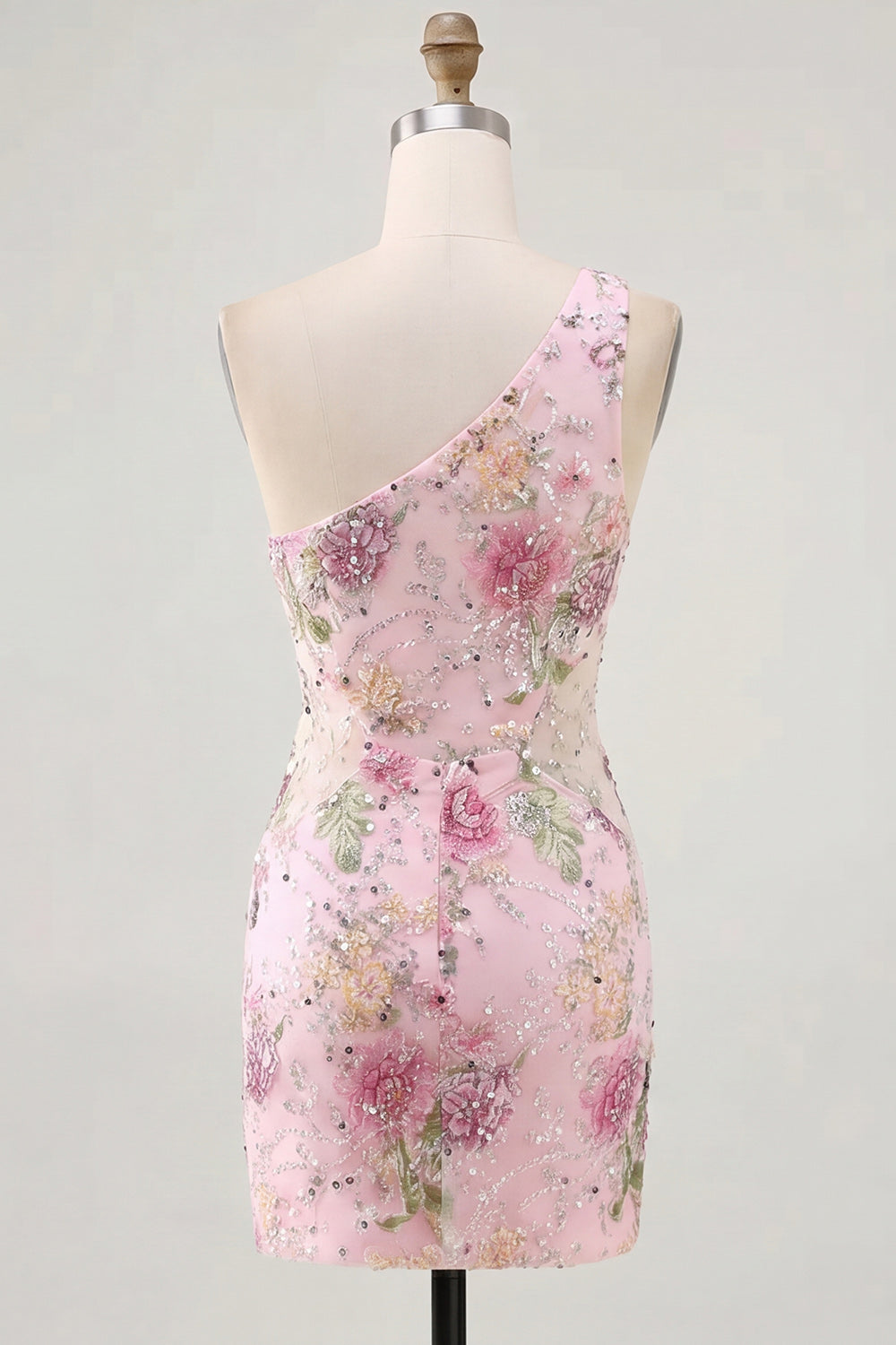One Shoulder Sequin Floral Pink Bodycon Mini Homecoming Dress