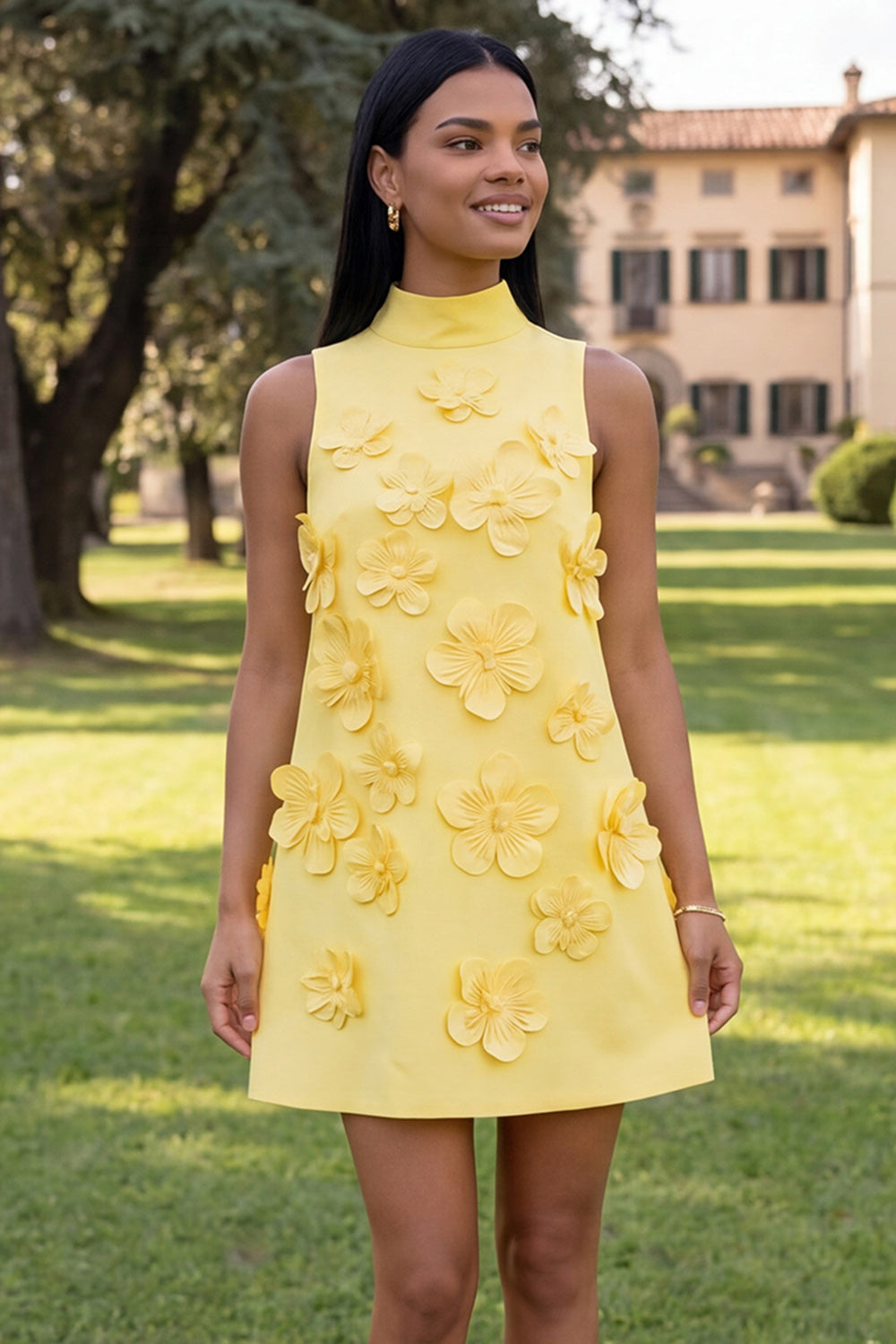 Floral Blue High Neck A-Line Homecoming Dress