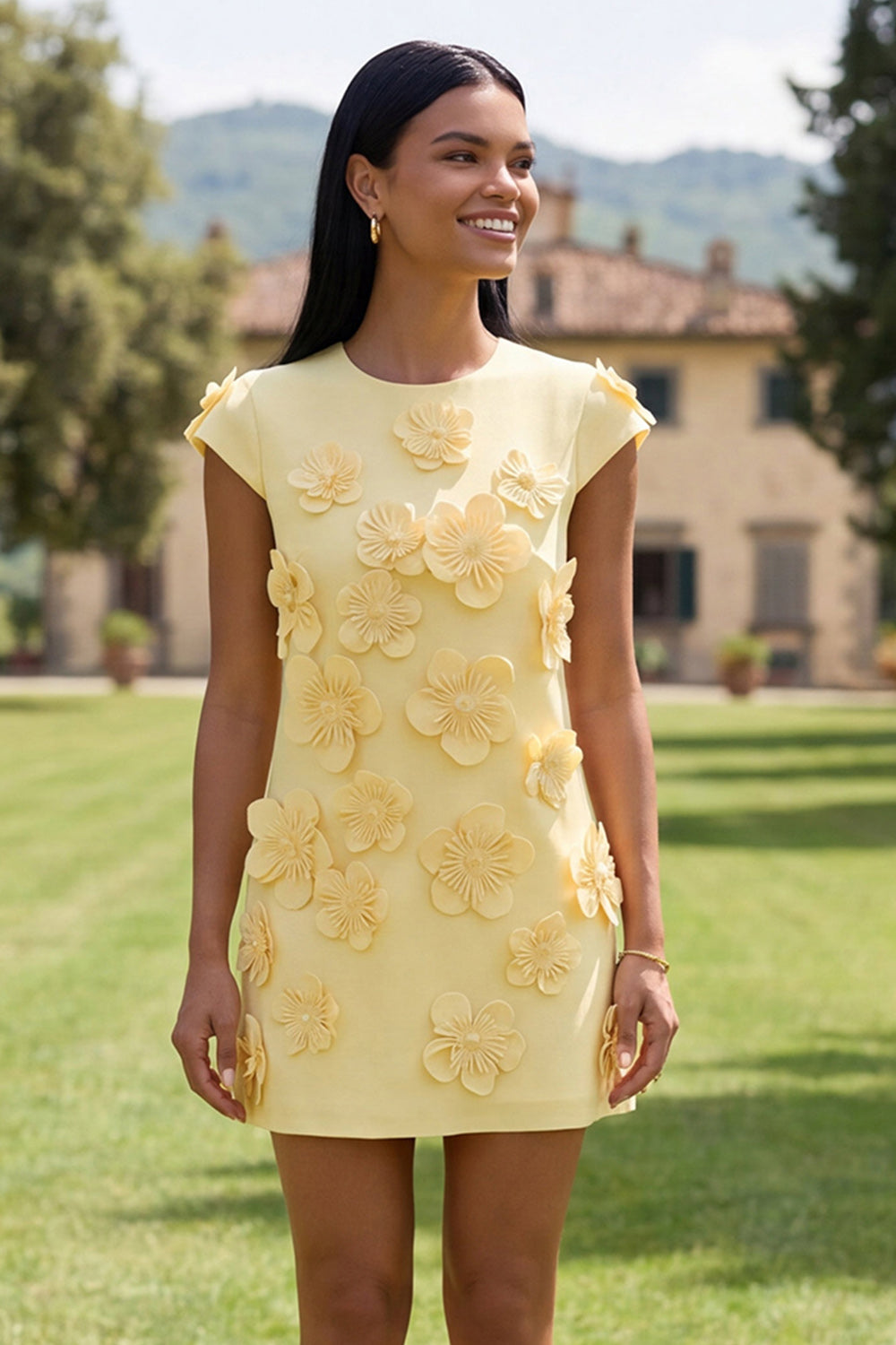 Ivory Floral A-Line Homecoming Dress with Cap Sleeves