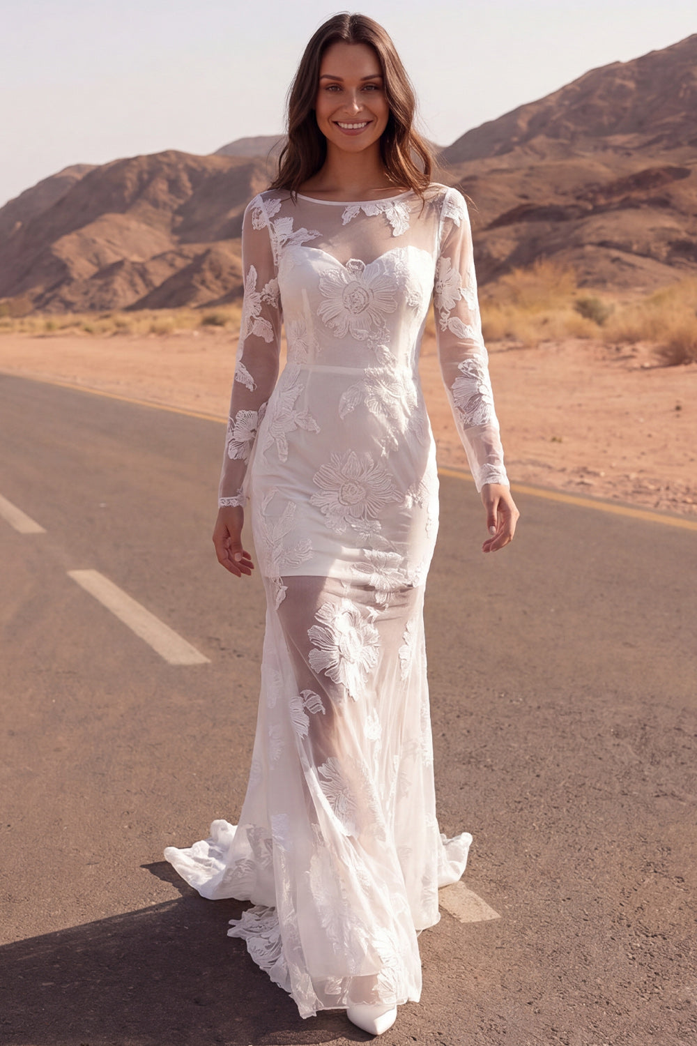 Long Sleeve Embroidered Ivory Mermaid Maxi Boho Wedding Dress