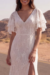 Ivory Mermaid Lace V Neck Boho Wedding Dress with Flutter Sleeves