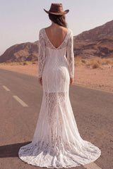 Long Sleeve Ivory Mermaid Lace Maxi Boho Wedding Dress