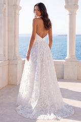 Halter Floral A Line Backless Ivory Maxi Wedding Dress