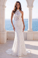 Halter Floral Mermaid Corset Backless Ivory Wedding Dress