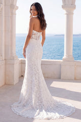 Halter Floral Mermaid Corset Backless Ivory Wedding Dress