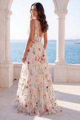 Floral A Line Ivory Embroidered V Neck Wedding Dress
