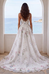 One Shoulder Ruched A Line Ivory Printed Maxi Wedding Dress