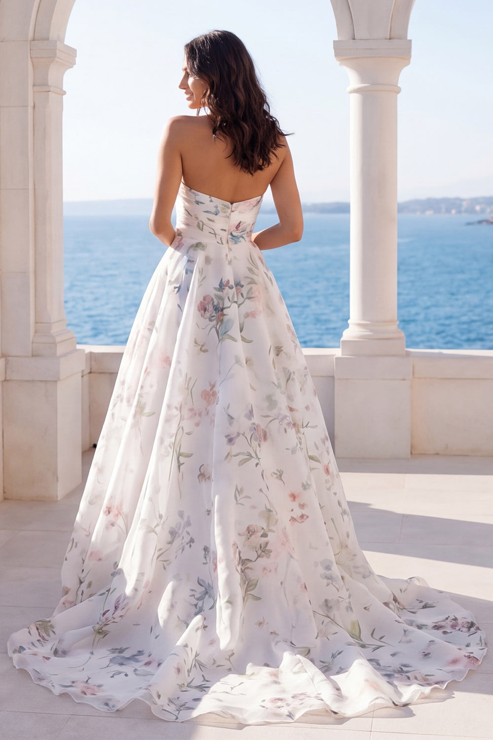 Strapless Printed Ruched A Line Ivory Maxi Wedding Dress