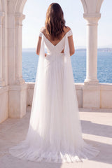 Off the Shoulder Ruched Cut Out Ivory Maxi Wedding Dress