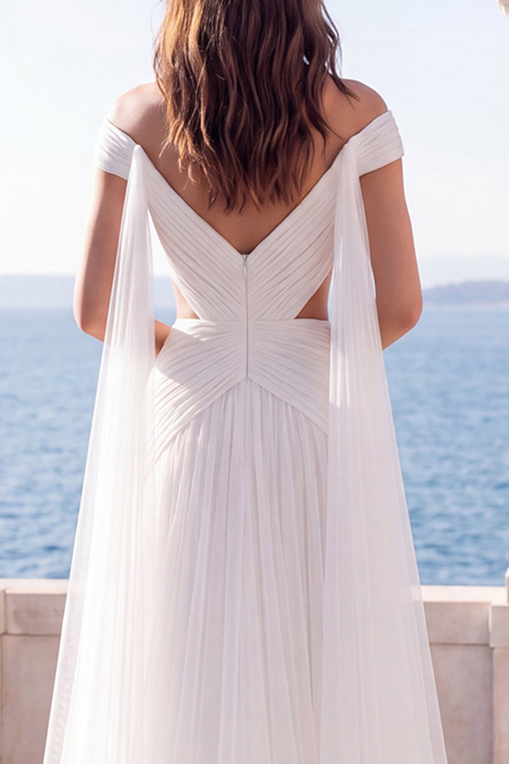 Off the Shoulder Ruched Cut Out Ivory Maxi Wedding Dress
