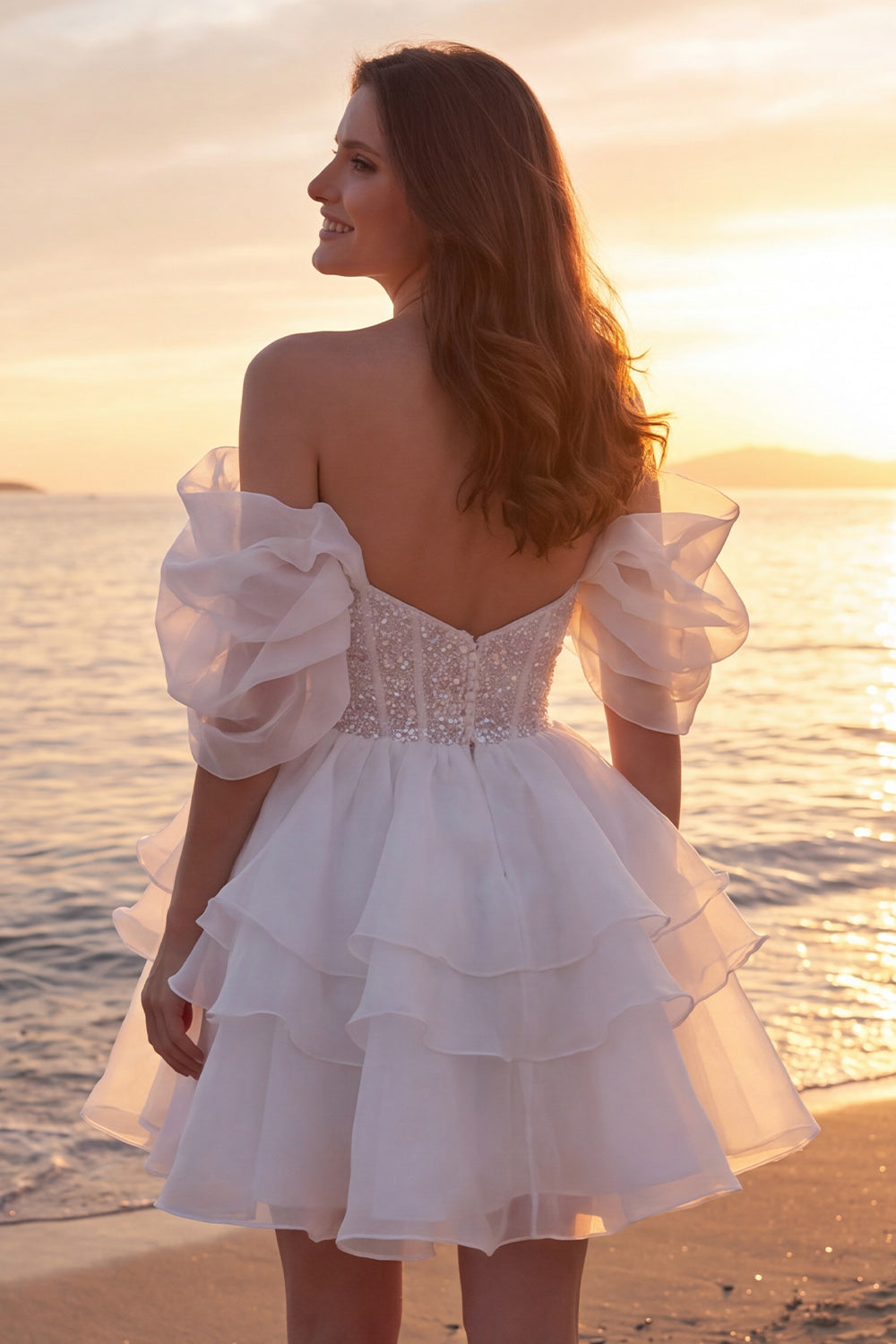 Off the Shoulder Sequin Corset Tiered Mini White Dress