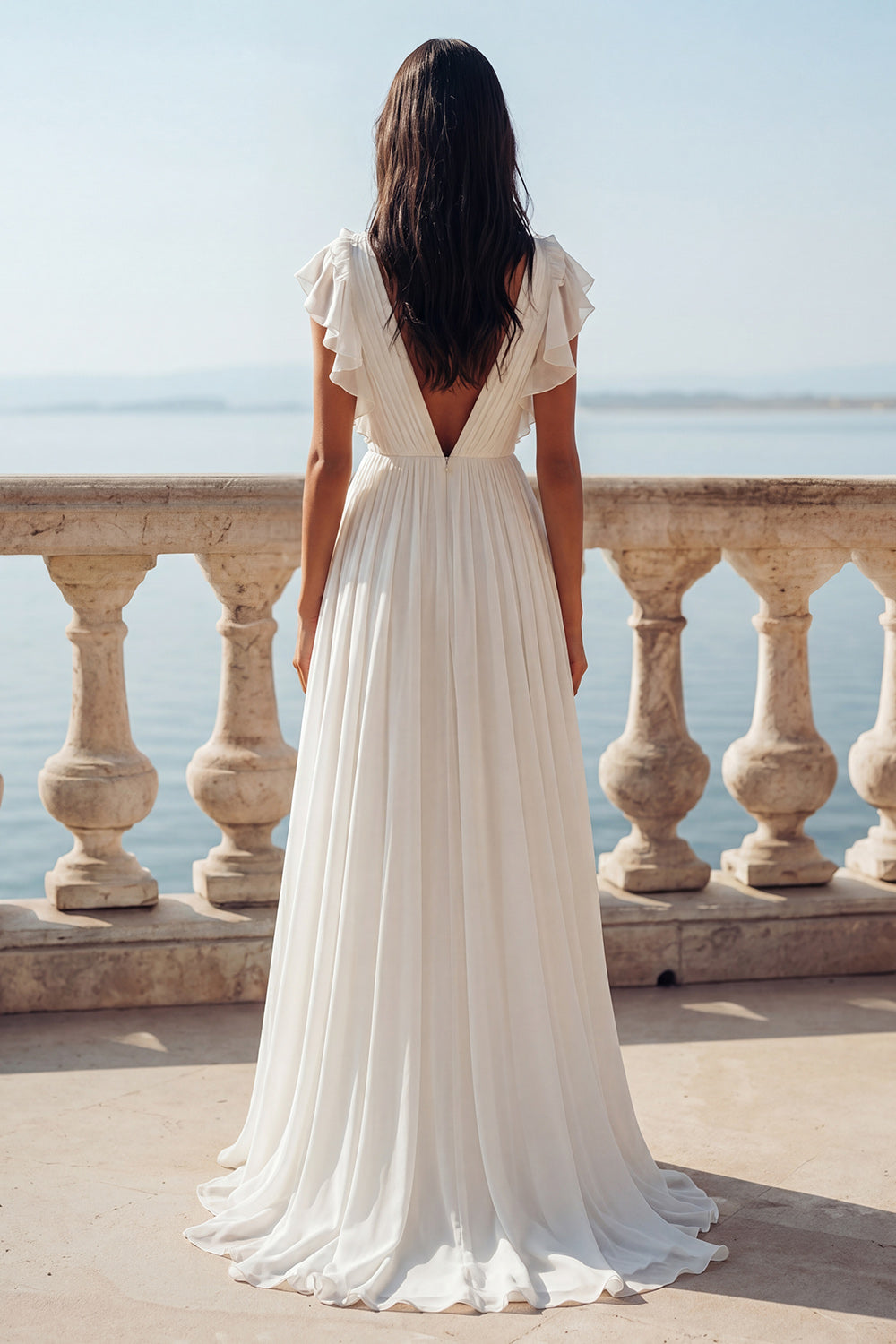 Ivory A Line Pleated V Neck Wedding Dress with Ruffles