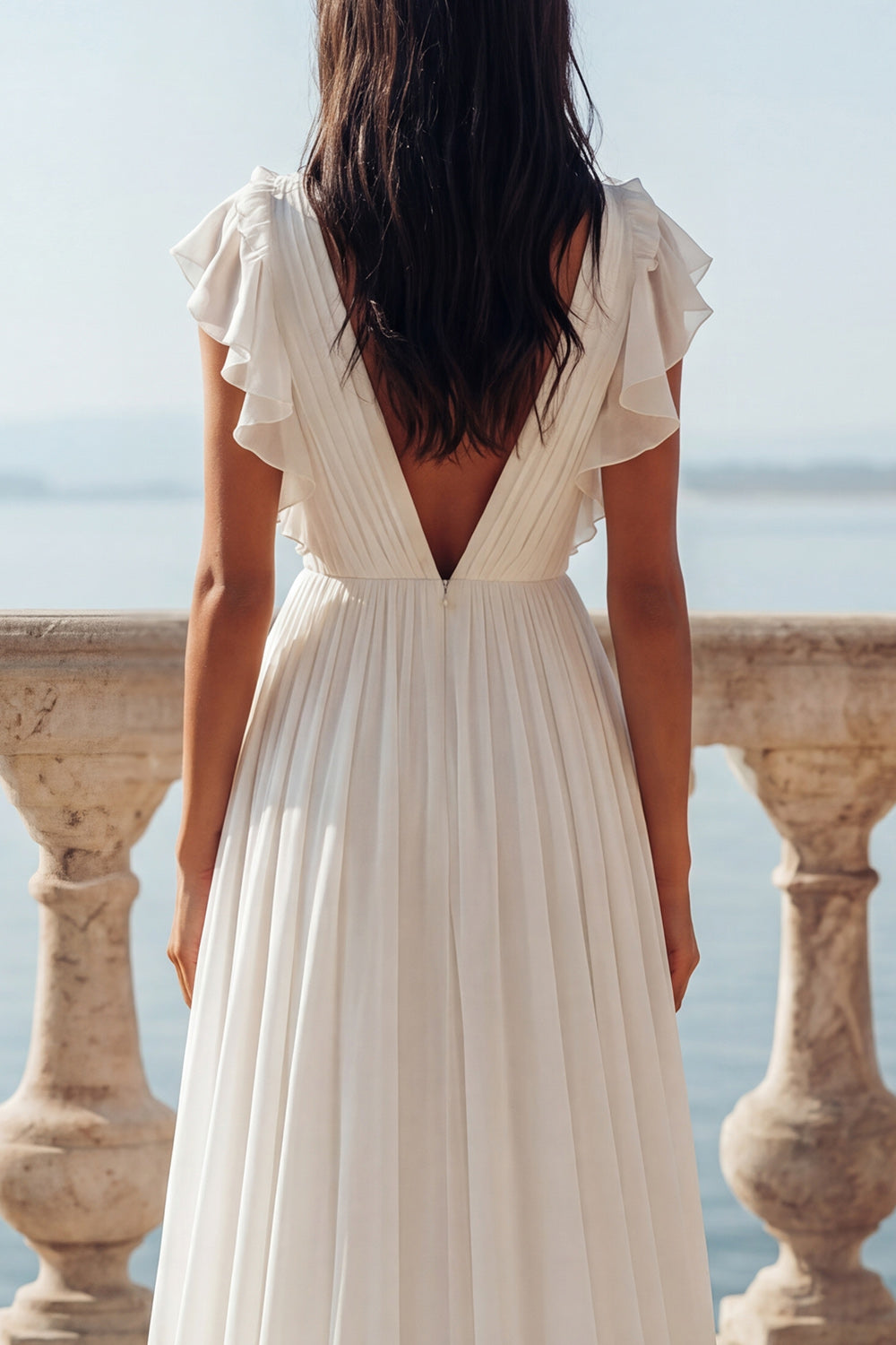 Ivory A Line Pleated V Neck Wedding Dress with Ruffles