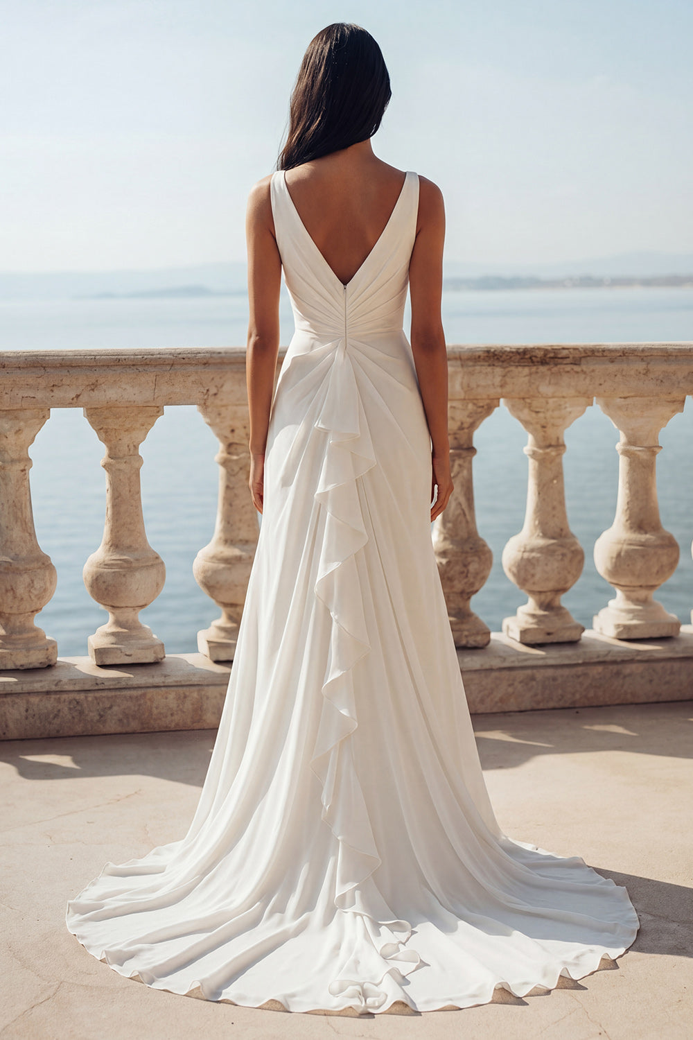 Ruffled Ruched V Neck Ivory Wedding Dress with Slit