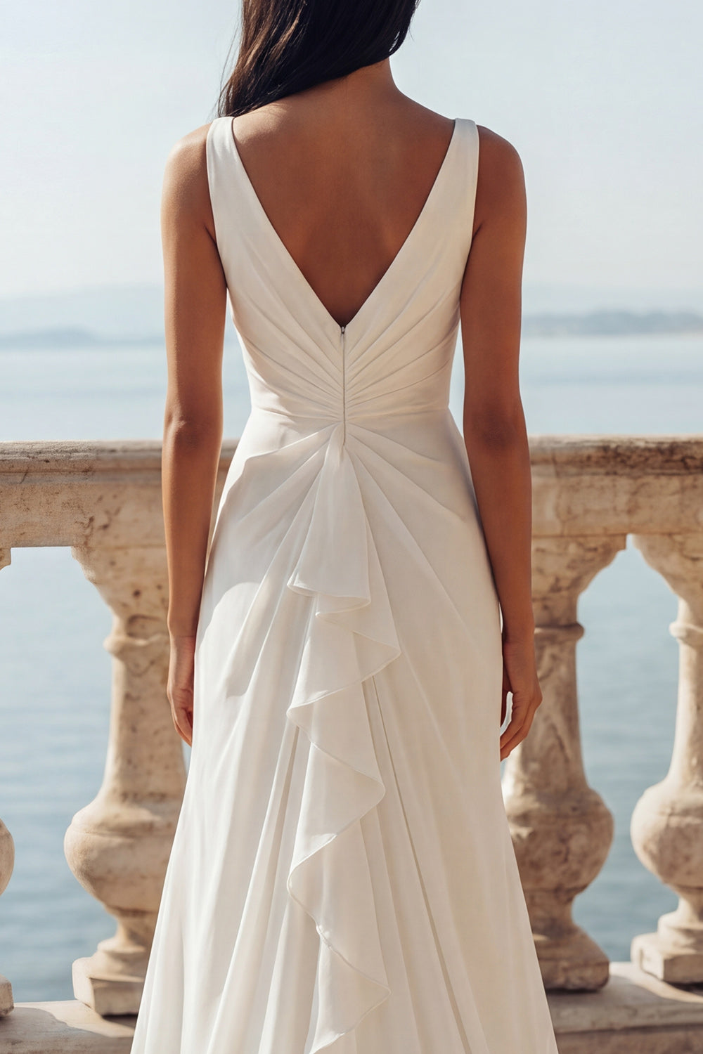 Ruffled Ruched V Neck Ivory Wedding Dress with Slit